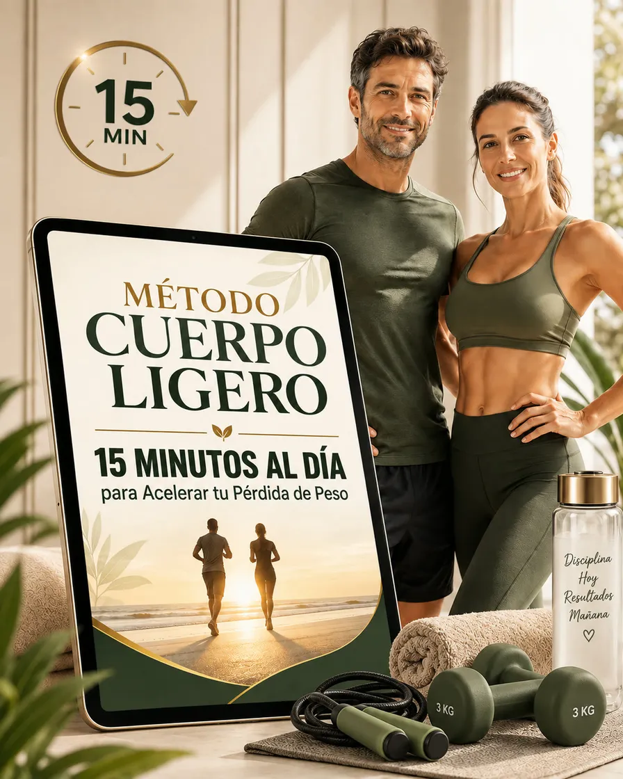 Método Cuerpo Ligero — pareja con tablet, pesas, toalla y soga